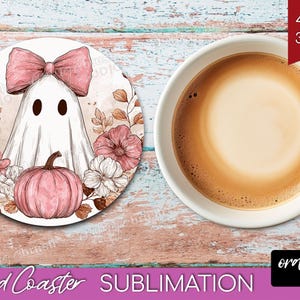 Ghost Halloween Coaster PNG Bundle, Cute Spooky Ghost Round Coaster Sublimation, Trendy Fall Vintage Checkered Iridescent - Digital Download