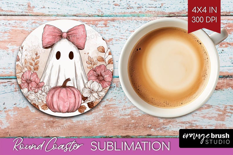 Ghost Halloween Coaster PNG Bundle, Cute Spooky Ghost Round Coaster Sublimation, Trendy Fall Vintage Checkered Iridescent - Digital Download