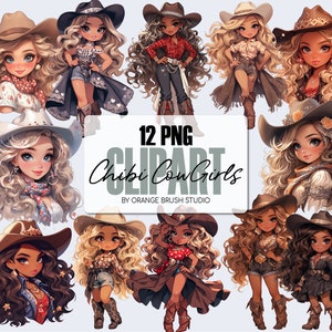 Cute Cowgirl Clipart, Western Clipart Bundle, Chibi Dolls PNG para adesivos de planejador, gráficos de sublimação, artesanato - Download digital