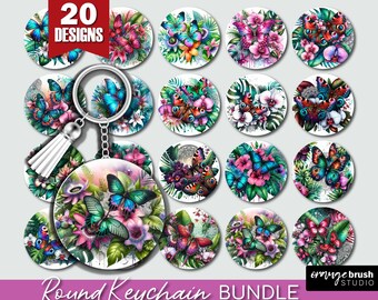 Butterfly Keychain Sublimation - Summer Keychain PNG Bundle. Butterflies and Flowers 20 Key Chains Tropical Designs - Digital Download