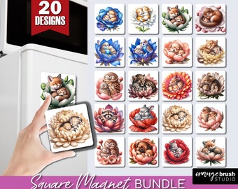 Mother's Day Magnet Sublimation Bundle, Flowers Baby Animals Fridge Magnet Designs, Cute Floral Square Magnet PNG Bundle - Digital Download
