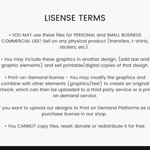 May include: A text document outlining the terms of use for digital graphics. The document states that the graphics can be used for personal and small business commercial use, including selling on physical products and creating printable or digital copies. The document also outlines the terms for using the graphics on print-on-demand platforms.