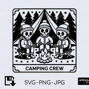 Plantilla SVG de equipo de acampada, divertido esqueleto de campista SVG, archivo de corte de carta de tarot para Cricut, diseño de camiseta de fogata de vacaciones para acampar - Descarga digital