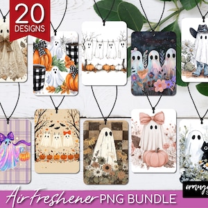 May include: A collection of 10 rectangular air fresheners with various Halloween-themed designs. The designs include ghosts, pumpkins, and floral elements. The top left corner has a red sign that says "20 DESIGNS". The bottom of the image says "Air Freshener PNG BUNDLE".