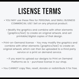 Op de afbeelding: Een zwart-wit tekstdocument dat de gebruiksvoorwaarden voor digitale bestanden uiteenzet. Het document stelt dat de bestanden kunnen worden gebruikt voor persoonlijk en commercieel gebruik voor kleine bedrijven, en dat de afbeeldingen kunnen worden aangepast en gecombineerd met andere elementen om originele kunstwerken te cre&euml;ren. Het document stelt ook dat de bestanden niet mogen worden gekopieerd, doorverkocht, gedoneerd of opnieuw gedistribueerd.