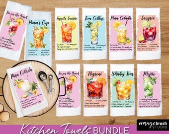 Kitchen Towel PNG Bundle, Cocktail Recipe Sublimation Designs. Dish Towel, Tea Towel 10 Cocktail Sublimation for Crafts - Digital Download
