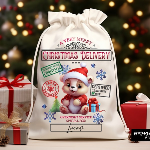 Santa Sack Sublimation Design, Christmas Gift Bag with Teddy Bear. Santa Claus Bag PNG. Christmas Sack 20 X 27 in size - Instant Download