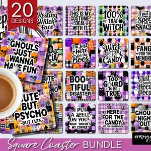 May include: A collection of 20 square coasters with Halloween-themed designs. Each coaster features phrases like "Ghoul's Night Out!" and "Just Wanna Have Fun" with skulls, ghosts, and witch-related graphics. The coasters have a plaid or patterned background.