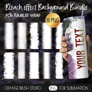 May include: A set of 10 digital PNG files featuring a bleach effect background for tumbler wraps. The background is white with a subtle, textured, faded effect. The image also shows a white tumbler with a purple and gold floral design and the text "YOUR TEXT".