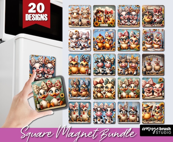 Funny Animals Magnet Sublimation Bundle. Fridge Square Magnet PNG, Funny Chicken Sublimation Designs for Wine Lovers  - Digital Download