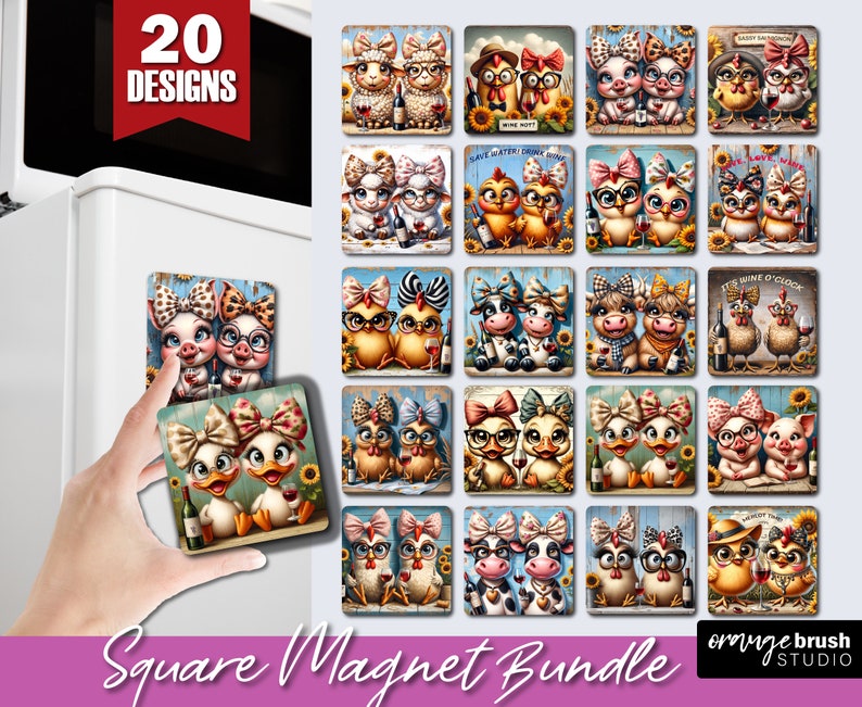 Funny Animals Magnet Sublimation Bundle. Fridge Square Magnet PNG, Funny Chicken Sublimation Designs for Wine Lovers  - Digital Download