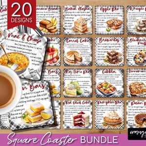 May include: A set of 20 square coasters featuring watercolor illustrations of various desserts and baked goods, each with a recipe printed on a black and white plaid background. The coasters are part of a bundle and are labeled "Square Coaster Bundle".