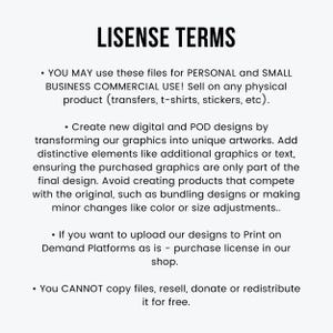 May include: White background with black text detailing license terms. The text includes usage permissions for personal and small business commercial use, covering physical products like transfers and stickers. It also outlines guidelines for creating new designs and restrictions on copying or reselling files.