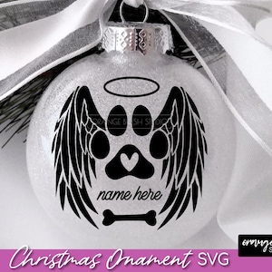 Dog Paw Christmas Memorial Ornament SVG, Dog Angel Wings Cut File, Pet Memorial SVG For Cricut, Christmas Round Ornament - Digital Download