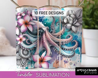 Octopus Tumbler Sublimation, 20oz Skinny Tumbler Floral Design, Beach Tropical Coffee Tumbler Wrap for Summer Crafts - Digital Download