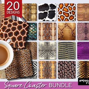Animal Print Coaster PNG Bundle, Animal Skin Square Coaster Sublimation, Leopard Cheetah Snake Print  PNG for Crafts - Digital Download