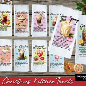 Christmas Kitchen Towel Sublimation Bundle, Christmas Cocktail Recipe. Dish Towel, Tea Towel PNG for Christmas Crafts - Digital Download