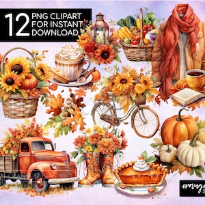 Gemütliches Herbst Clipart Bundle, Aquarell Herbst Clipart PNG. Kürbis Sonnenblume Clipart für Handwerk - Digital Download