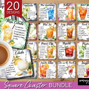 May include: A set of 20 square coasters featuring watercolor illustrations of popular cocktails with their recipes. The coasters are designed with a distressed white background and a plaid pattern.