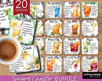 Square Coaster Bundle, Cocktail Recipe Sublimation Designs. Watercolor Cocktail Recipe Coaster PNG for Kitchen Crafts - Digital Download