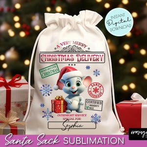 Santa Sack Sublimation Design, Christmas Gift Bag with Mouse. Santa Claus Bag PNG File. Christmas Sack 20 X 27 in size - Instant Download