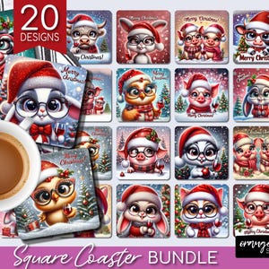 Zestaw do sublimacji kwadratowych podstawek w kształcie zwierząt bożonarodzeniowych, 20 zabawnych wzorów do sublimacji bożonarodzeniowej, zwierzęta z winem w formacie PNG do rękodzieła - pobieranie cyfrowe