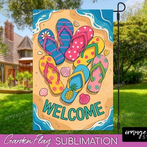 May include: A garden flag with a beach theme featuring colourful flip flops on a sandy beach with ocean waves. The text "WELCOME" is printed in a large font on the flag.