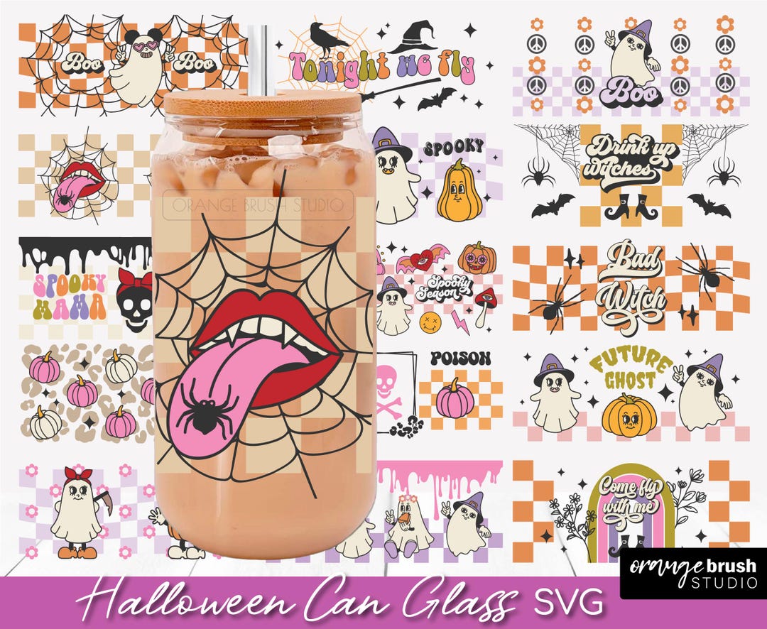 Retro Halloween Libbey Can Glass Bundle 20 SVG. Seamless Full Wrap ...