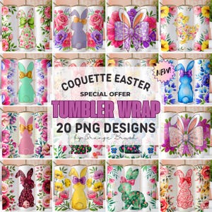 Puede incluir: Una colección de diseños para envolver vasos con temática de Pascua. Los diseños presentan patrones florales, conejitos de Pascua y lazos en varios colores. También se ve el texto "COQUETTE EASTER" y "TUMBLER WRAP".