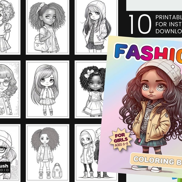 Fashion Coloring Book | Printable Coloring Pages for Kids. Coloring Book For Girls 10 PDF + Book Cover - Instant Download