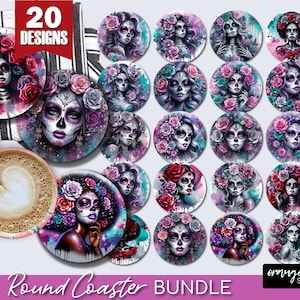 Könnte beinhalten: Ein Set mit 20 runden Untersetzern mit farbenfrohen, detaillierten Illustrationen von Frauen mit Zucker Schädeln und floralen Akzenten. Die Untersetzer sind perfekt, um jedem Wohndesign einen Hauch von Verspieltheit und Stil zu verleihen.