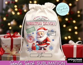 May include: White Santa sack sublimation design with a cartoon Santa Claus, presents, snowflakes, and the text "A Very Merry Christmas Delivery".