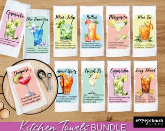 Kitchen Towel Sublimation Bundle, 10 Cocktail Recipe. Dish Towel, Tea Towel PNG Sublimation Designs for Kitchen Crafts - Digital Download