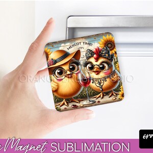 Funny Animals Magnet Sublimation Bundle. Fridge Square Magnet PNG, Funny Chicken Sublimation Designs for Wine Lovers  - Digital Download