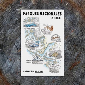Poster Mapa de los Parques Nacionales de la Patagonia Austral | Chile | Papel Grueso Reciclado | Torres del Paine