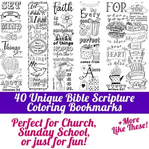 40 Illustrated Bible Verse Coloring Bookmarks - Printable Pages Set - Digital PDF Book For Adult Kid Girl Boy Women - Church Sunday Religion