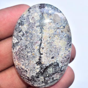 Może przedstawiać: Owalny kamień szlachetny z mieszanką szarości, czerni i beżu. Kamień ma pęknięcie biegnące przez środek. Wypolerowana powierzchnia odbija światło, podkreślając naturalne wzory i tekstury.