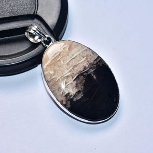 以下が含まれることがあります： シルバー色のベイルが付いた楕円形のペンダント。ペンダントは、2色のデザインの研磨された石が特徴です。線状のパターンを持つ明るいベージュと白の上部と、黒の下部です。ペンダントはシルバー色の金属フレームにセットされています。