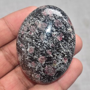 May include: Oval-shaped polished stone with a speckled pattern. The stone has a black base with numerous small, reddish-purple spots. The surface is smooth and reflective, with a slight sheen.
