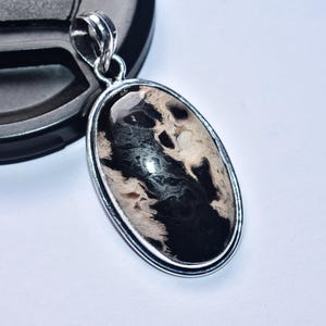 以下が含まれることがあります： シルバーカラーのフレームが付いた楕円形のペンダント。ペンダントは、黒とクリーム色の印象的な模様が施された磨かれた石が特徴です。ペンダントはシルバーカラーのベイルから吊り下げられています。