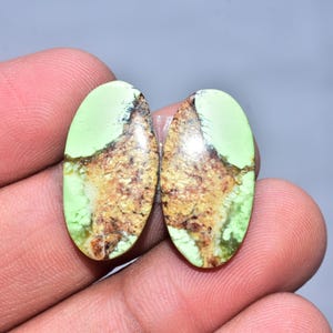 May include: Two oval gemstones, each with a light green colour and brown and tan marbling. The stones are held in a hand, against a neutral background. These gemstones are likely for jewellery making.