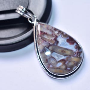 以下が含まれることがあります： 銀色のフレームが付いた、涙型のペンダント。ペンダントは、茶色、白、赤の色合いの石で、ユニークな模様が特徴です。ペンダントは白い背景に置かれています。これはジュエリーです。