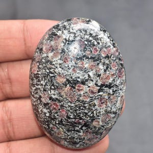 May include: Oval polished stone with a speckled pattern of black, white, and red-brown. The stone is smooth and appears to be a natural mineral specimen, held in a hand.