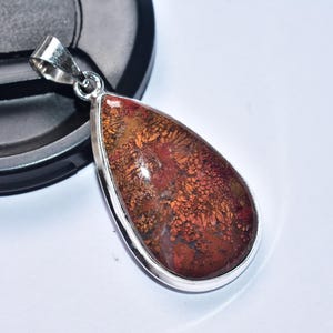 以下が含まれることがあります： 銀色のフレームが付いた、涙の形をしたペンダント。ペンダントは、複雑な模様の赤茶色の石が特徴です。ジュエリーは白い表面に表示されています。