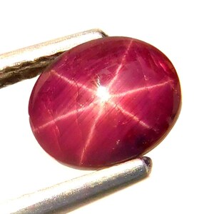 May include: A deep red star ruby gemstone with a six-pointed star in the center. The ruby is oval shaped and is held by a pair of tweezers.