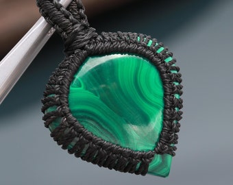 Natural Malachite Pendant 59 Ct Green Gemstone Macrame Pear Necklace Boho Jewelry