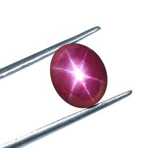 Puede incluir: Una gema de rubí ovalada y pulida con un efecto de estrella de seis rayos, sujeta con pinzas plateadas. El rubí es de color rojo intenso con un patrón brillante en forma de estrella en el centro, sobre un fondo blanco.