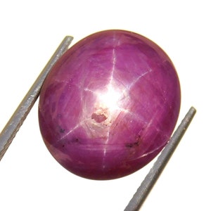 May include: A deep pink star ruby gemstone with a six-pointed star in the center. The ruby is oval shaped and has a smooth, polished surface.