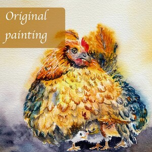 Original watercolor farm chickens, hen and chickens painting, farm friends decoration, colourful painting, farm wall decor