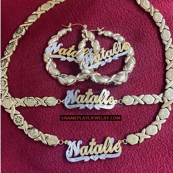 14K Gold Overlay 3pc XO Name Set- Necklace, bracelet & bamboos